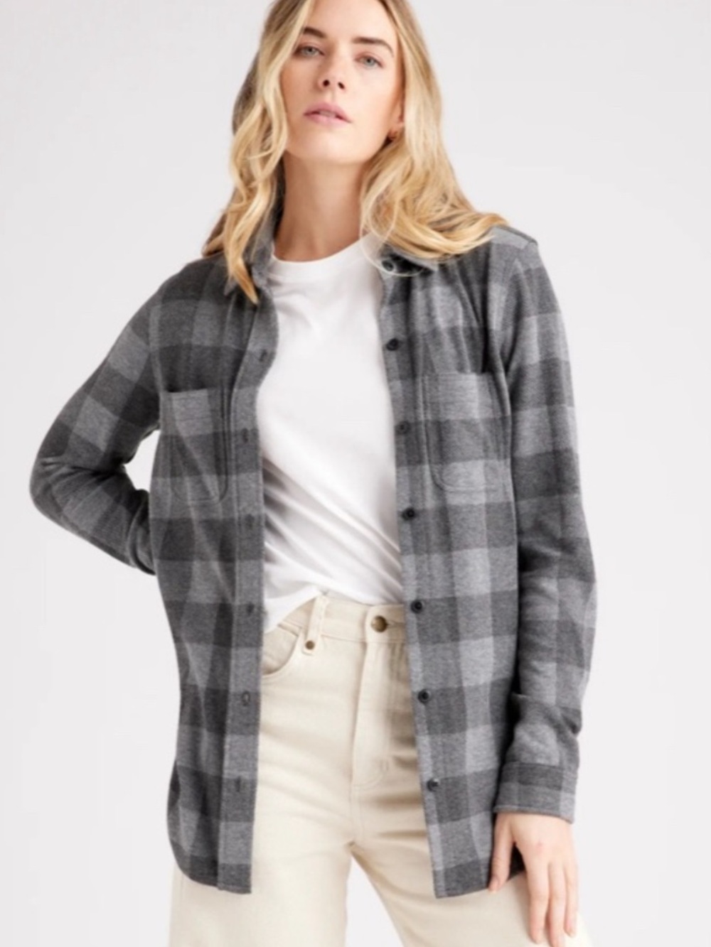 Quince Stretch Fleece Gray Plaid Button-Down Long Sleeve Shirt Shacket Medium